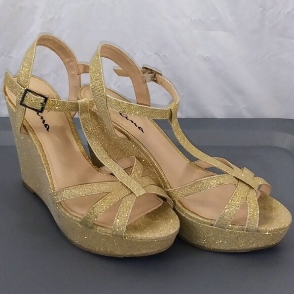 Touch of Nina Shoes - Touch of Nina Women's Valery Gold Glitter Wedges 5 Inches Tall Size 9M